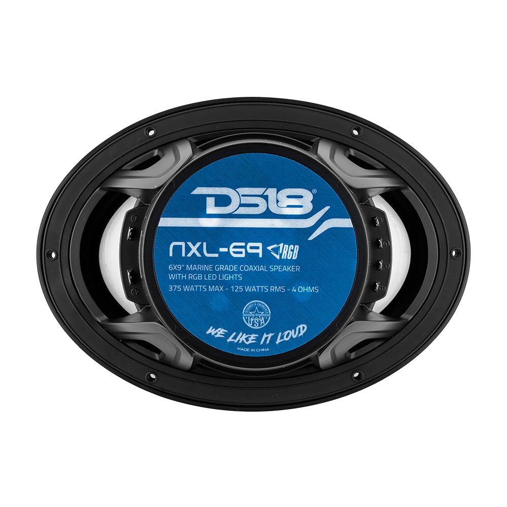 DS18 NXL-69/BK HYDRO 6X9" 2-Way Marine Speakers with Integrated RGB LED Lights 375 Watts Black. 6x9 marine speakers with led lights.
