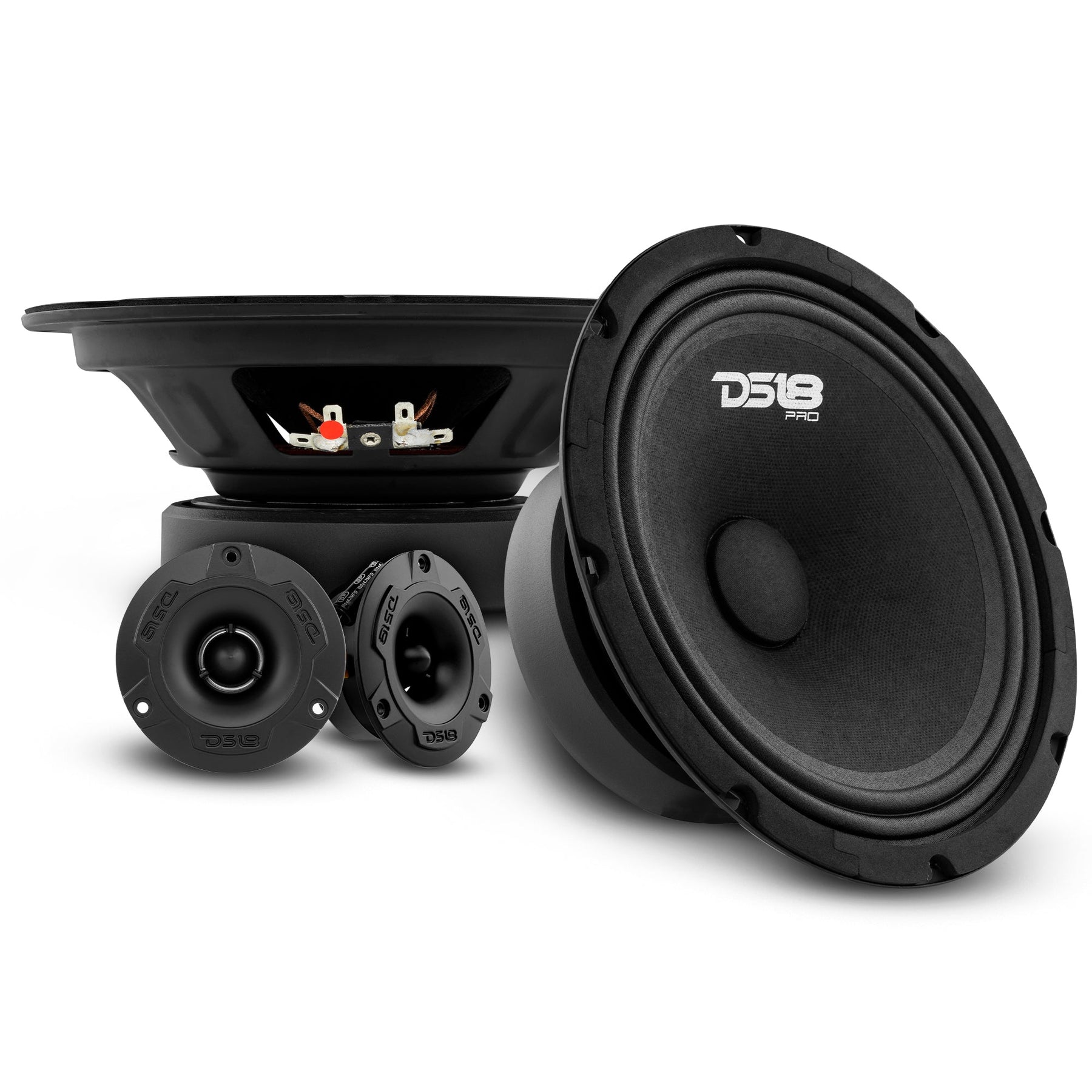 DS18 PRO-GM8.4PK+AMP Loudspeakers and Tweeters Package Including Pair of PRO-GM6.4 + Pair of PRO-TW1X/BK + GEN-X1600.4 AMP + AMPKIT4. 1600 4